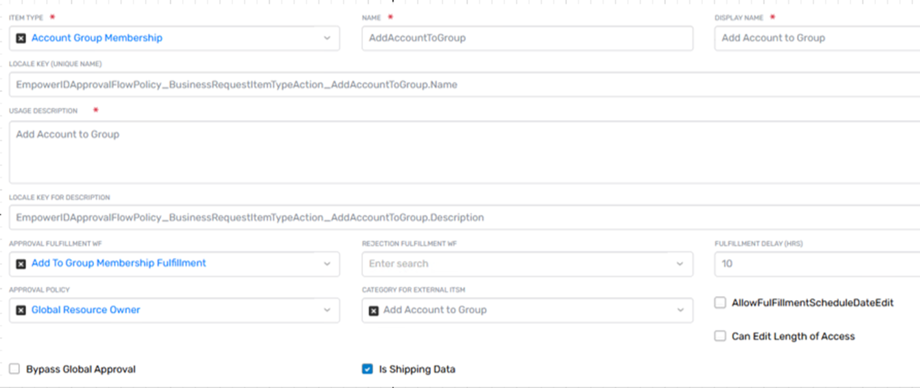 Business Request Item Type Action