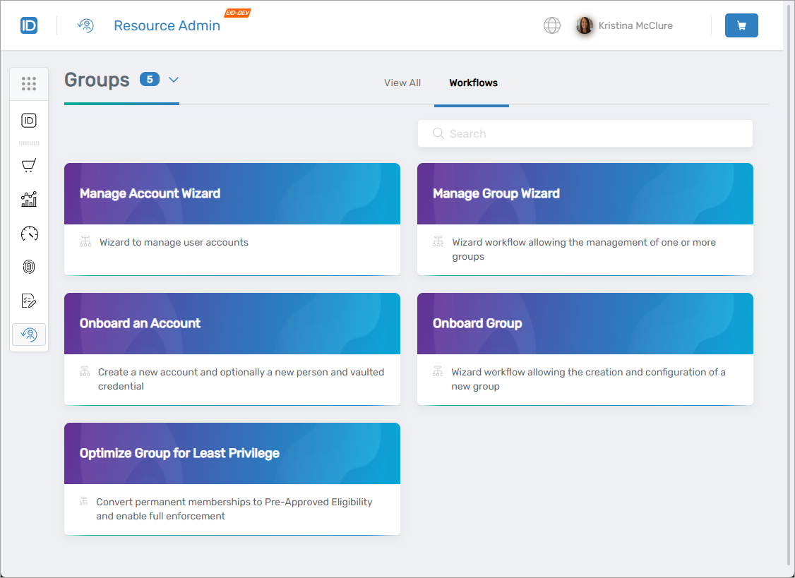 Workflows tab in Resource Admin