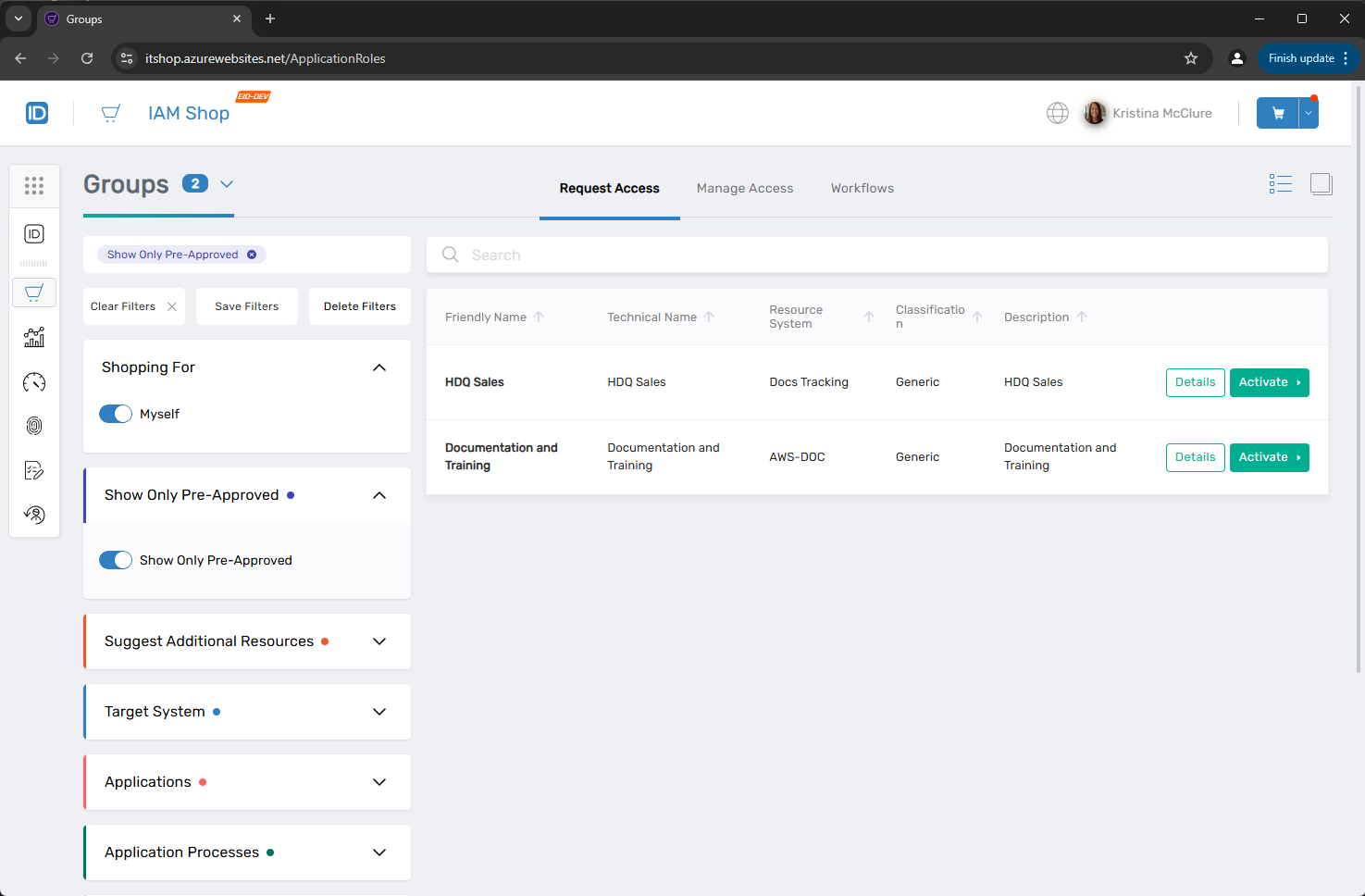 Resource Page in the IAM Shop