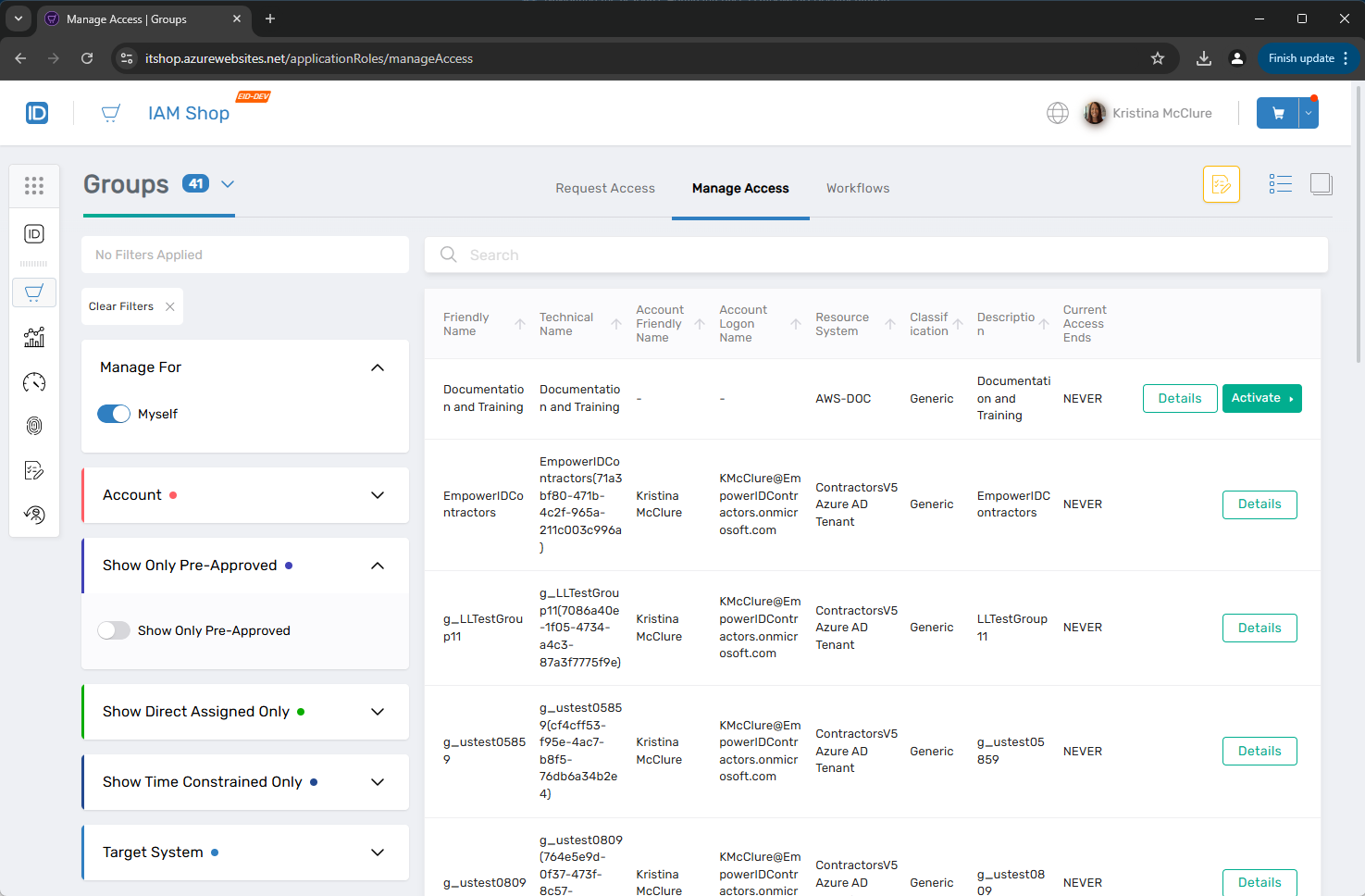 IAM Shop Manage Access Page