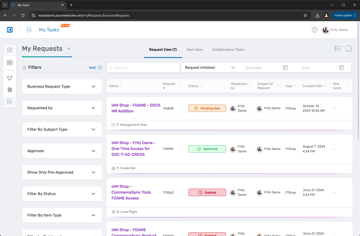 My Requests Page in My Tasks